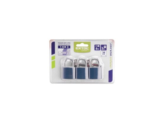 EXTOL CRAFT zámky visací sjednocené na 1 klíč, sada 3 ks 38mm 93101