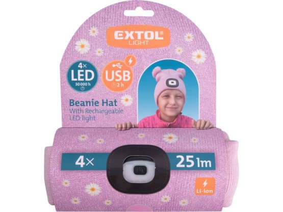 EXTOL čepice s čelovkou 4x25lm, USB nabíjení, růžová se třpytkou a bambulemi, dětská 43458