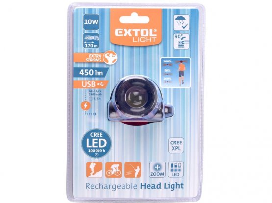 EXTOL LIGHT čelovka 450lm CREE XPL, nabíjecí, USB, 10W CREE XPL, funkce ZOOM 43190