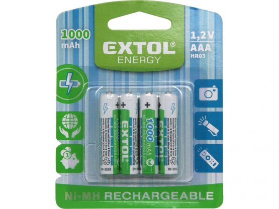 EXTOL ENERGY baterie nabíjecí, 4ks, AAA (HR03), 1,2V, 1000mAh, NiMh 42060