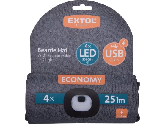 EXTOL LIGHT čepice s čelovkou 4x25lm, nabíjecí, tmavě šedá, 43452 ECONOMY, univerzální velikost
