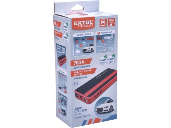 EXTOL jump startér, 700A, pro naftové a benzínové motory, powerbanka 5V, 19V