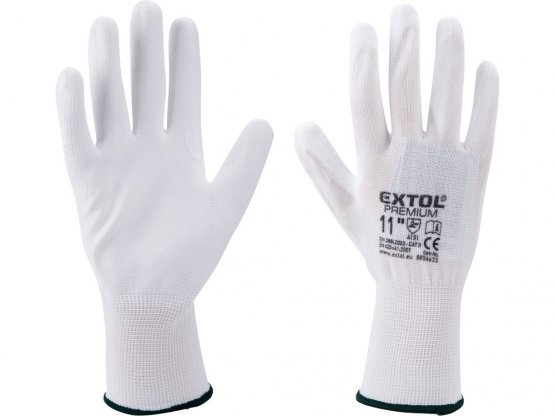 rukavice z polyesteru polomáčené v PU, bílé, 9", velikost 9", 8856631 EXTOL PREMIUM