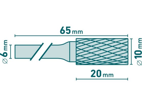 fréza karbidová, válcová s čelním ozubením, pr.10x20mm/stopka 6mm,sek střední(double-cut)