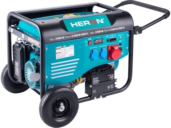 HERON elektrocentrála benzínová 15HP/6,8kW (400V), 5,5kW (230V), elektrický start, podvozek 8896420