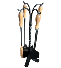 Souprava kovaného krbového nářadí 4-dílné ruční práce černý lak kov/dřevo KLD