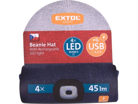 EXTOL LIGHT čepice s čelovkou 45lm, nabíjecí, USB, 43450, bílá/červená/modrá, univerzální velikost