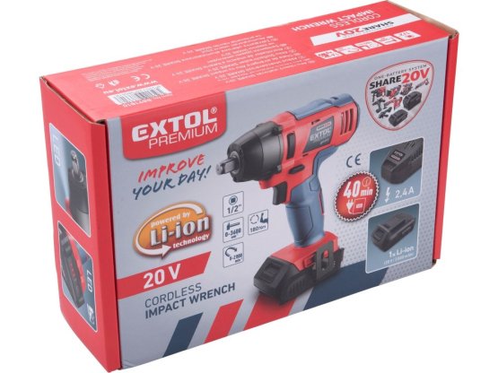 EXTOL PREMIUM aku utahovák rázový 1/2" SHARE20V 180Nm 20V Li-ion 2000mAh 8891810