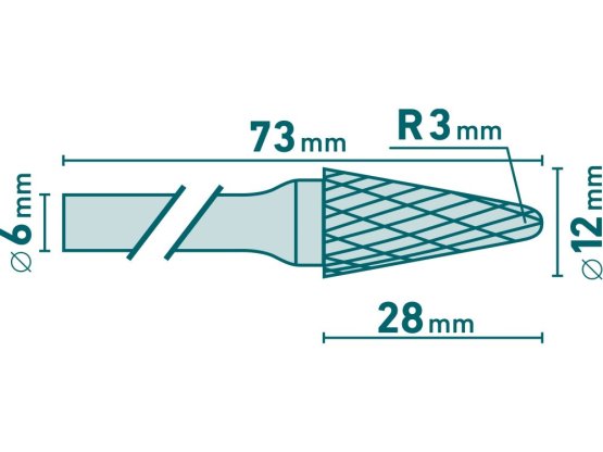 fréza karbidová, konická zakulacená (R 3mm), pr.12x28mm/stopka 6mm,sek střední(double-cut)