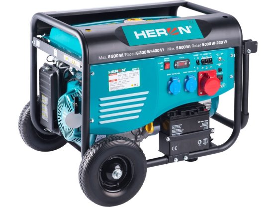 HERON elektrocentrála benzínová 15HP/6,8kW (400V), 5,5kW (230V), elektrický start, podvozek 8896420