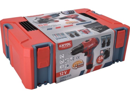 EXTOL PREMIUM vrtačka aku, 12V Li-ion (2x) a bruska úhlová 125mm v plastovém boxu 8898311