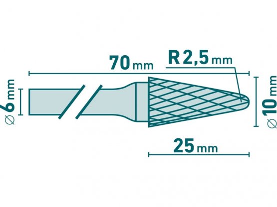 fréza karbidová, konická zakulacená (R 2,5mm), pr.10x25mm/stopka 6mm,sek střední(double-cut)