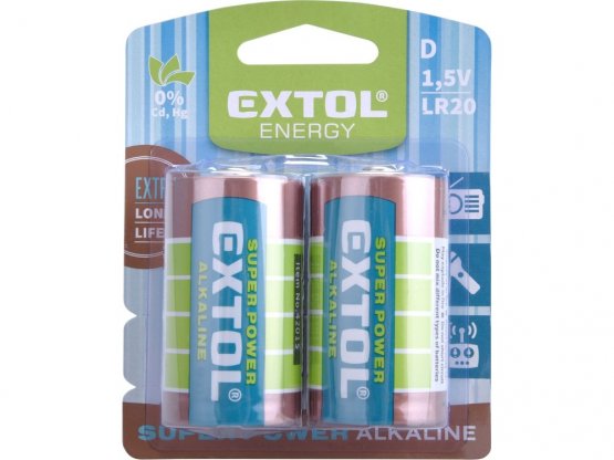 EXTOL ENERGY baterie alkalické, 2ks, 1,5V D (LR20) 42015