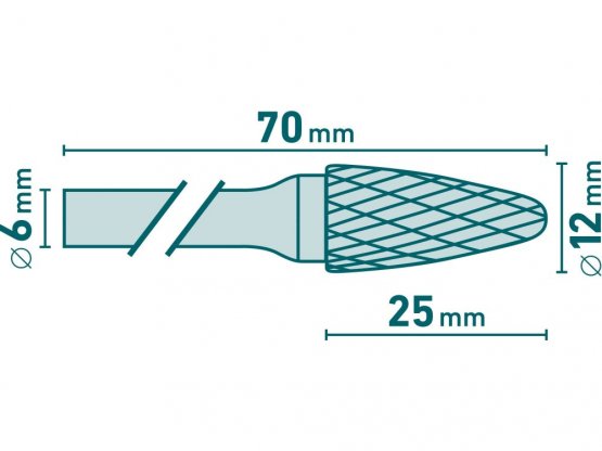 fréza karbidová, kulatý oblouk, pr.12x25mm/stopka 6mm,sek střední(double-cut)
