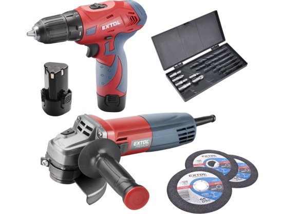 EXTOL PREMIUM vrtačka aku, 12V Li-ion (2x) a bruska úhlová 125mm v plastovém boxu 8898311
