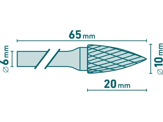 fréza karbidová, ostrý oblouk, pr.10x20mm/stopka 6mm,sek střední(double-cut)