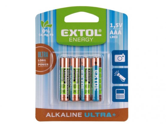 EXTOL ENERGY baterie alkalické, 4ks, 1,5V AAA (LR03) 42010