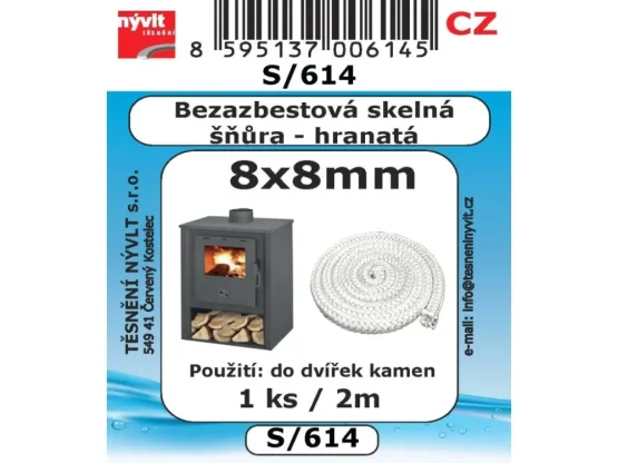 Šňůra skelná bezazbestová 8x8mm/2m hranatá S/614