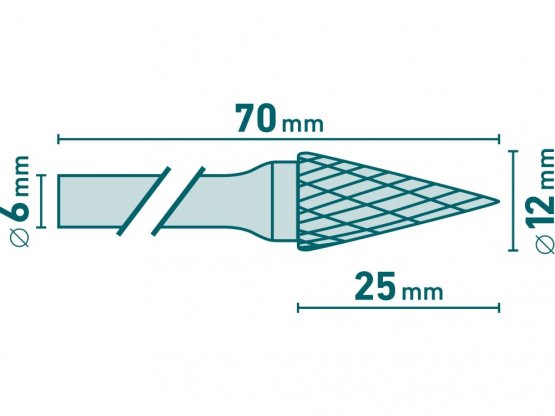 fréza karbidová, konická jehlan, pr.12x25mm/stopka 6mm,sek střední(double-cut)
