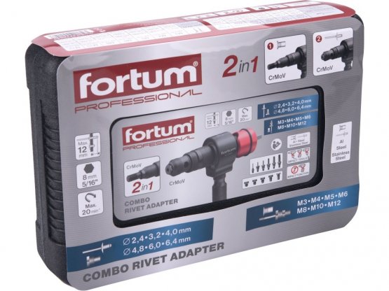 FORTUM 4770667 nástavec nýtovací na vrtačku T-COMBO, sada pro matice M3-M12 i trh. nýty 2,4-6,4mm, CrMoV