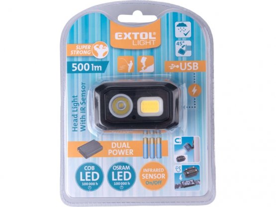 EXTOL LIGHT 43185 čelovka 500lm, USB nabíjení, s IR čidlem, OSRAM LED+COB LED