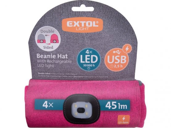 EXTOL LIGHT čepice s čelovkou 45lm, nabíjecí, USB, 43197, světle šedá/růžová, oboustranná, univerzální velikost