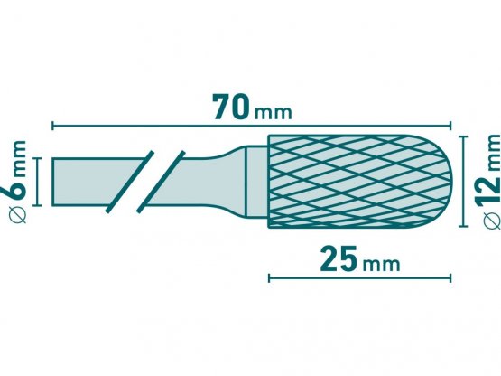 fréza karbidová, válcová s kulovým čelem, pr.12x25mm/stopka 6mm,sek střední(double-cut)