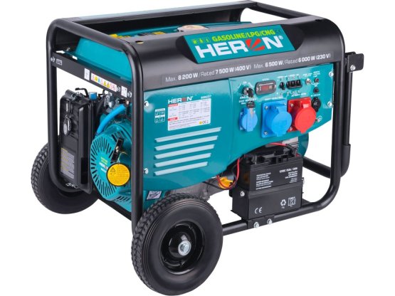 HERON elektrocentrála benzínová a plynová (LPG/NG) 17HP/8,2kW, elektrický start, ATS ready, podvozek 8896326