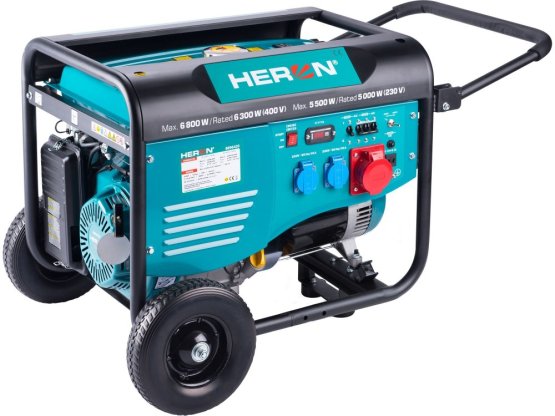 HERON elektrocentrála benzínová 15HP/6,8kW (400V), 5,5kW (230V), podvozek 8896418