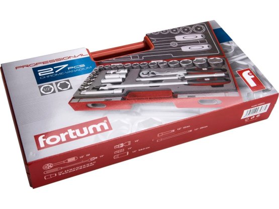 Extol Fortum sada nástrčných klíčů 27ks, 12", ráčna 72zubů, trhák 4700014