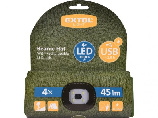 EXTOL LIGHT čepice s čelovkou, nabíjecí, USB, tmavě zelená, univerzální velikost 43192